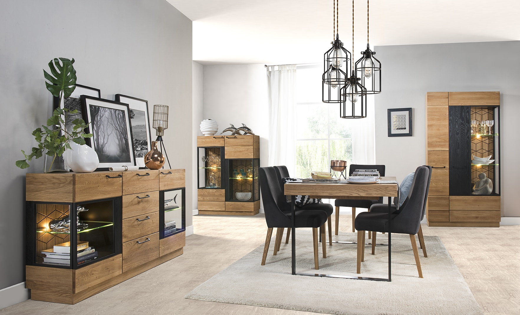 LoftStory, wood and steel furniture, dining room, extendable table, living room, display cabinet, home, interior design, steel and wood