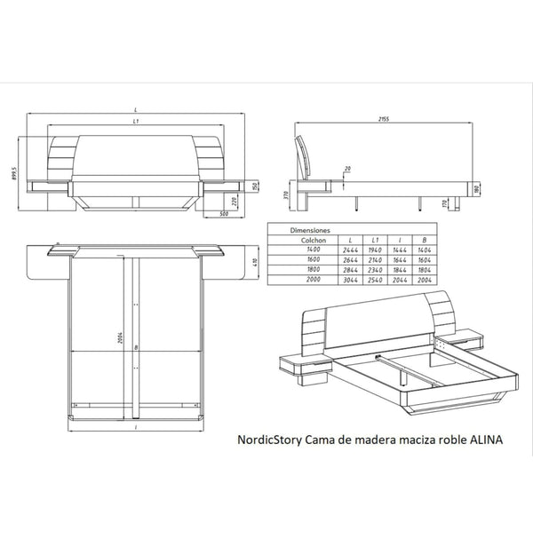 NordicStory Alina solid oak bed with headboard and 2 floating bedside tables4