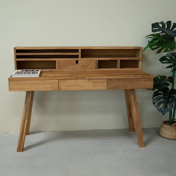 NordicStory Einstein 2 solid oak desk with floating shelf 140 x 55 x 106 cm (140 x 55 x 106 cm).