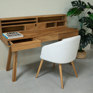 NordicStory Einstein 2 solid oak desk with floating shelf 140 x 55 x 106 cm (140 x 55 x 106 cm).