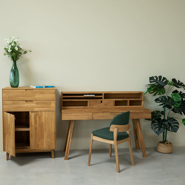 NordicStory Einstein 2 solid oak desk with floating shelf 140 x 55 x 106 cm (140 x 55 x 106 cm).
