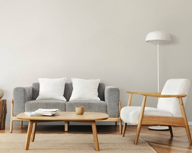 Living room decoration with natural wood furniture