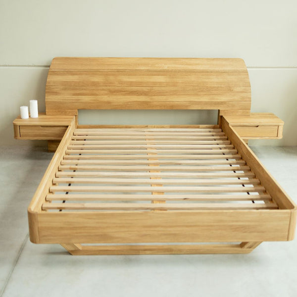 Solid oak bed with attached bedside tables ALINA | VESKOR