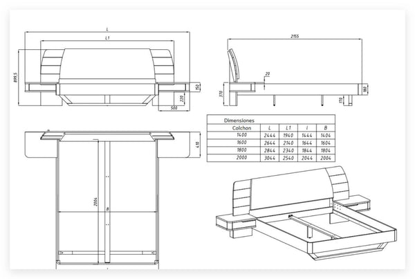 Solid oak bed with attached bedside tables ALINA | VESKOR
