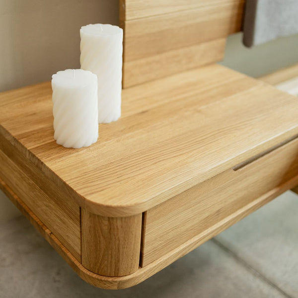 Solid oak bed with attached bedside tables ALINA | VESKOR