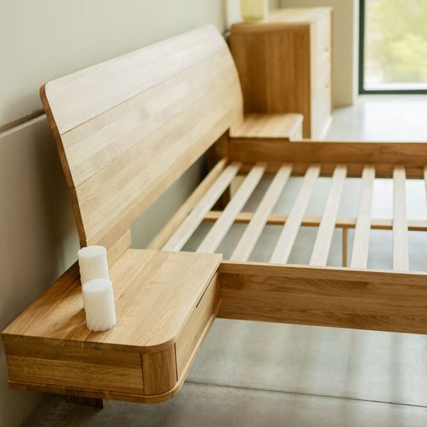 Solid oak bed with attached bedside tables ALINA | VESKOR