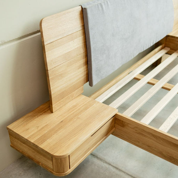 Solid oak bed with attached bedside tables ALINA | VESKOR