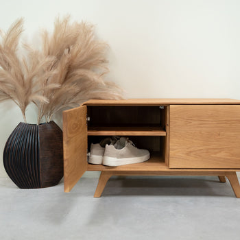 Sustainable oak solid wood bench Geneva low shoe rack NordicStory RobleStore