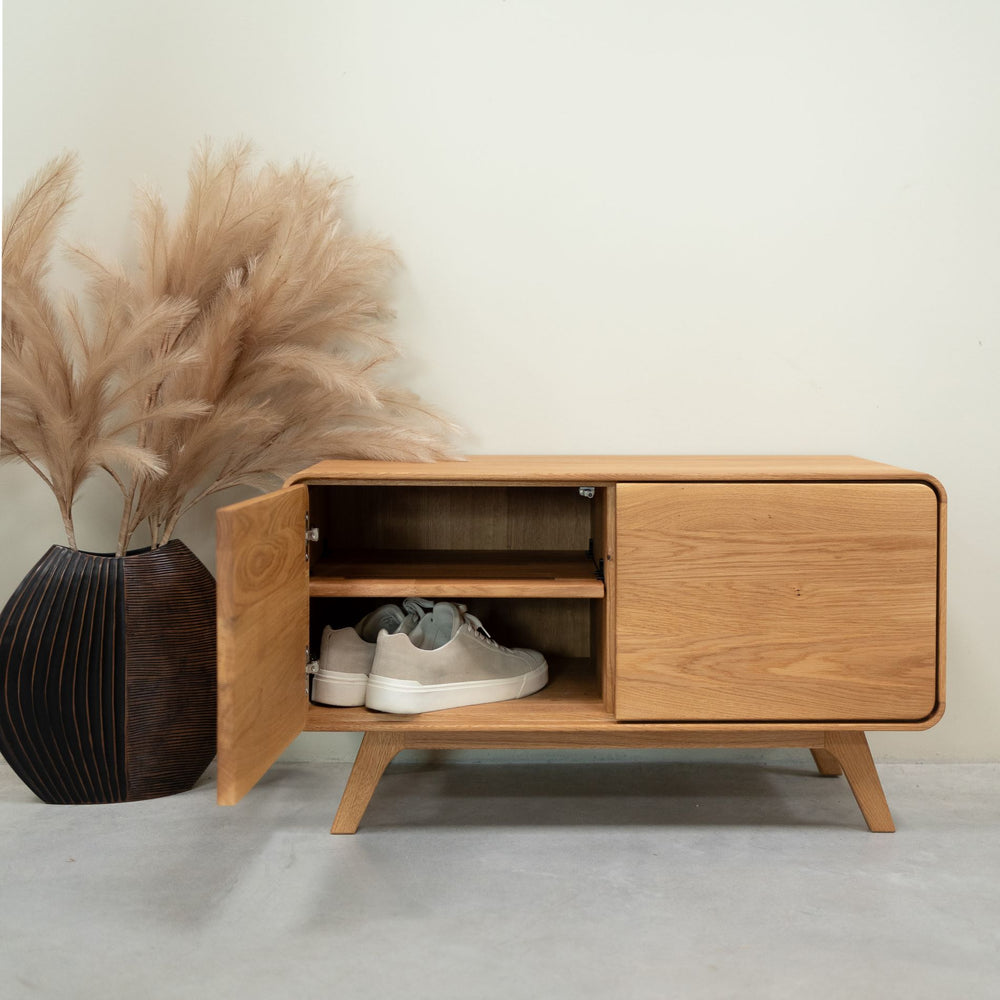 Sustainable oak solid wood bench Geneva low shoe rack NordicStory RobleStore