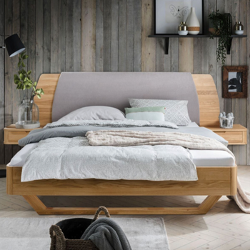 NordicStory "Alina" solid oak bed with headboard and 2 floating bedside tables
