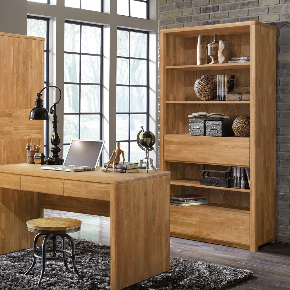 NordicStory Elsa 2 Bookcase Elsa Wall Bookcase with 2 Drawers Solid Wood Natural Oak Nordic Scandinavian Nordic Living Room Office