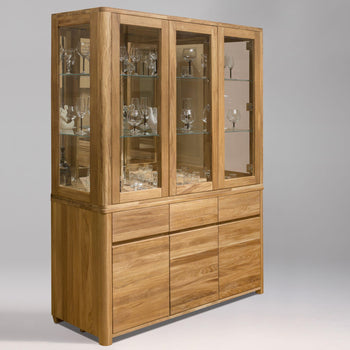 NordicStory Display Cabinet with Glass Living Room Cabinet Solid Wood Oak Scandinavian Display Cabinet 