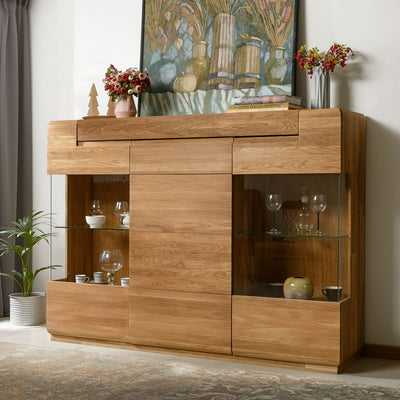 NordicStory Showcase Glass cabinet with glass in solid oak "Faina 3" 180 x 45 x 131 cm