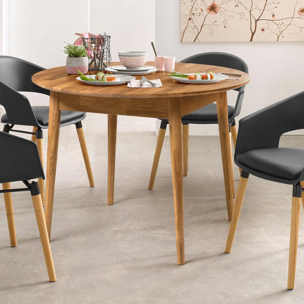 NordicStory Round extendable dining table in solid oak "Escandi 5" 110-145 x 110 x 75 cm.